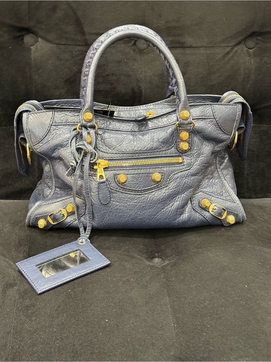 Balenciaga Handbags - Balenciaga Navy Blue Leather Satchel with Gold Hardware